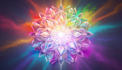 Artistic Holi festival poster with giant floating splash of colors forming glowing crystal mandala