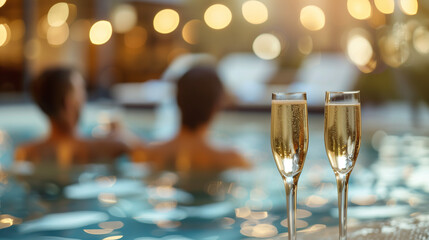 A couple is enjoying a romantic evening by the pool