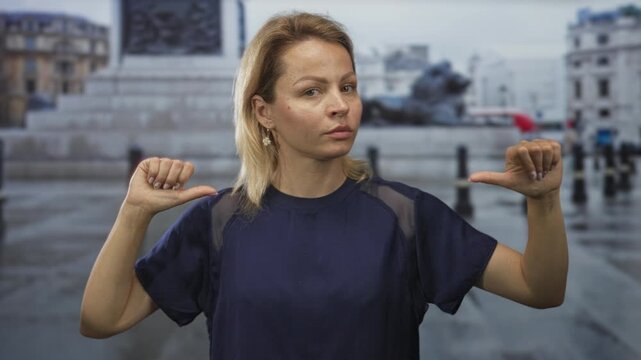 Woman with blonde hair points her thumbs to her chest in a damp urban street behind a monument; confidence.