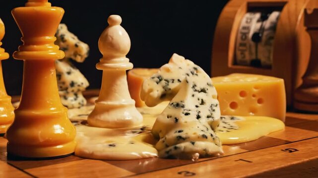 Close Up Cheese Chess Pieces Melting Under Timer Warm Light
