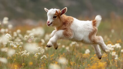 A small brown and white goat jumps excitedly among blooming wildflowers on a bright spring day. The lively scene captures the joy of nature and youthful energy.