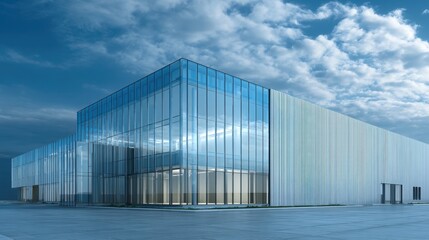Obraz premium A sleek glass building stands prominently against a backdrop of soft clouds and blue sky. Its reflective surface captures the urban surroundings during the day.