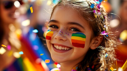 A young girl with rainbow flag face paint beams with joy during a lively pride celebration surrounded by colorful confetti and festivities