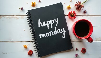 Black spiral notebook with happy monday text on white wooden table. Red coffee mug and colorful flowers around notebook. Monday morning motivation concept with office supplies.