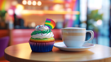 Enjoy a vibrant rainbow cupcake alongside a freshly brewed latte in a charming cafe setting during a sunny afternoon