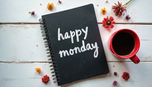 Black spiral notebook with happy monday text on white wooden table. Red coffee mug and colorful flowers around notebook. Monday morning motivation concept with office supplies. - Powered by Adobe