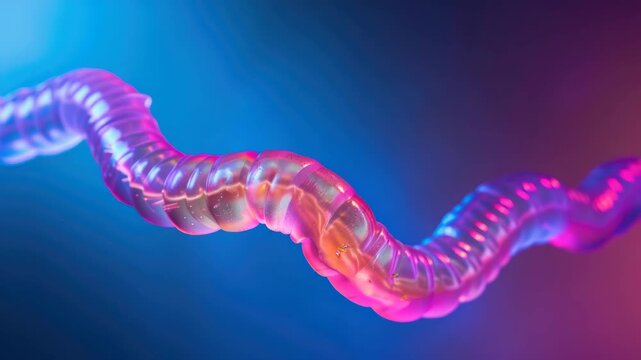 Glowing, twisted, translucent object with vibrant colors under close-up view