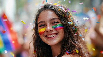 Joyful young girl with vibrant rainbow stripes on her cheeks enjoys the festive atmosphere at a pride celebration surrounded by confetti
