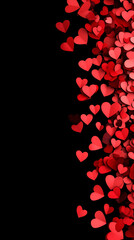 Red hearts float against a black backdrop, creating a festive and romantic vibe, ideal for parties, Valentine's Day, or love-themed events