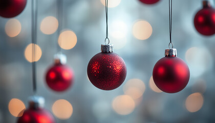Fototapeta premium Red christmas ornaments hanging with festive bokeh background