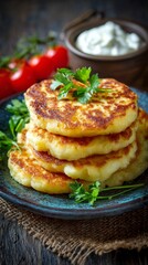 Deliciously golden potato pancakes stacked high on a rustic plate, garnished with fresh herbs and accompanied by creamy dip, perfect for any meal or snack.
