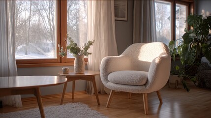 Fototapeta premium Cozy winter morning light streams through sheer curtains, illuminating a minimalist living space with a soft, curvy armchair and wooden accents