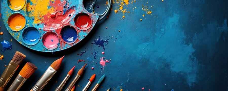 Artistic mess backdrop. Palette with colorful paints near paintbrushes on dark blue surface. Copy space for art projects, school artworks. Creative chaos background for artists. Drawing tools ready - Powered by Adobe