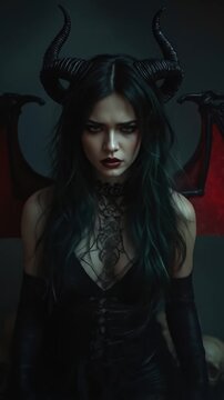 An ethereal dark fantasy figure is captured in this intense vertical shot, featuring a striking woman adorned with prominent horns and large, red, bat-like wings. Her captivating gaze, enhanced by dra