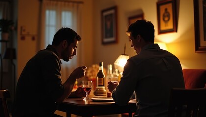 Two mature men having an engaging conversation over drinks