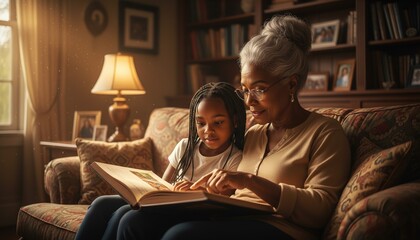 Grandmother and granddaughter reading together