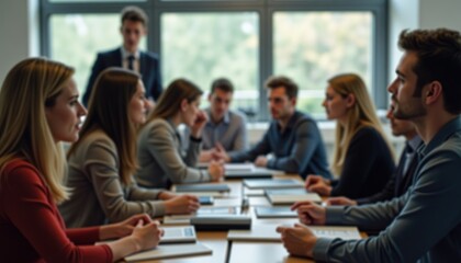 Diverse group of young adult students or professionals attentively listening and taking notes during educational seminar or business training session