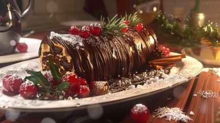 Yummy Tasty Yule Log with berries and rosemary decorations