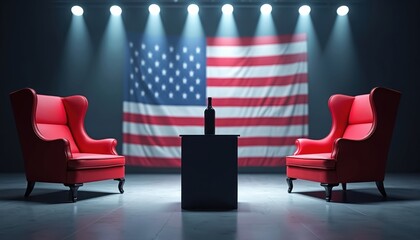 Two empty red chairs face each other onstage with US flag backdrop. A bottle sits on a podium, suggesting debate or interview setup before event start. Empty stage ready for presidential candidates.