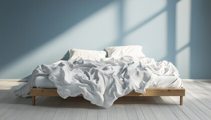 Modern blue bedroom features unmade bed with crumpled white sheets, two pillows. White fabric lays on light wooden floor. Comfortable room gives relaxed, cozy morning atmosphere, minimalist home
