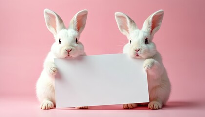 Two fluffy white rabbits hold blank sign against pink backdrop. These cute animals present message for Easter greetings announcements or spring events. Their paws grip board. These creatures are pets.