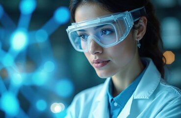 Scientist wears safety glasses and lab coat works with molecular structure in futuristic lab. Young woman researches new medicine, advances medical technology, uses AI.