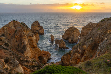 Ponta da Piedade Rock Formations, Cliffs and Atlantic Ocean at Sunrise. Algarve, Portugal