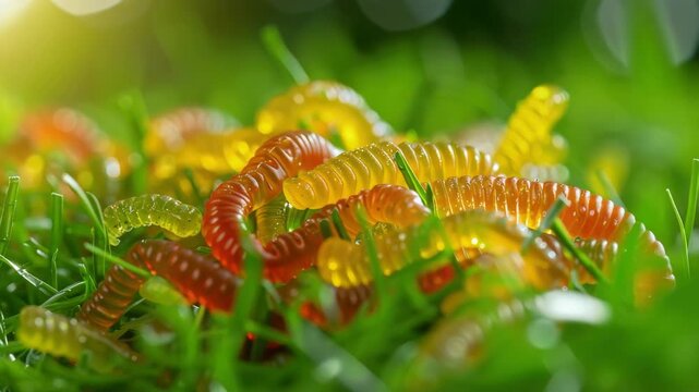 Colorful gummy worms on green grass with sunlight
