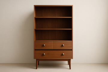 A contemporary storage unit constructed from wooden materials with a minimalist aesthetic featuring drawers and shelves on a white seamless backdrop.