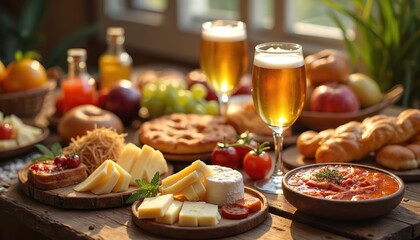 Wooden table displays food assortment. Cheeses tomato soup pastries beer juice presented on table. Culinary concept cheese platter breads fruit. Tasty assortment suits restaurants bakeries cafe event