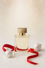 A perfume bottle sits amidst holiday cheer with shimmering ornaments and a vibrant red ribbon, against a festive backdrop.