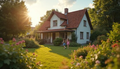 Two young girls walk across green lawn towards white house with red tile roof. Trees, blooming flowers surround home, bathed in warm glow of late afternoon sun. Children play in serene garden