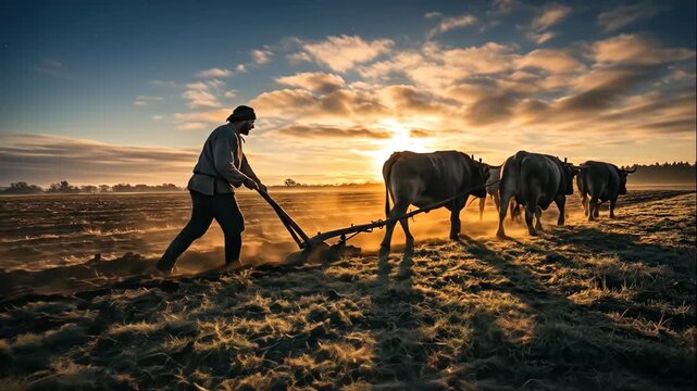 Man plowing farm field with oxen at sunrise. Historical agriculture and hard work concept footage.