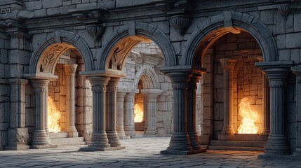 Flames glow from archways of an ancient temple surrounded by stone columns. The warm light contrasts with the cool stone creating a captivating and eerie atmosphere at twilight.