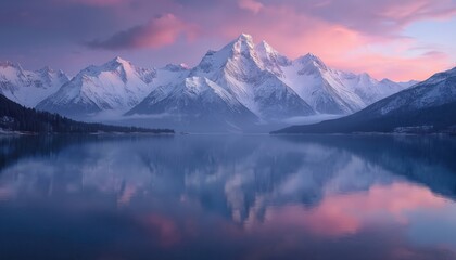 Stunning landscape features snow capped mountains reflected in a calm lake. Pink and purple sky colors the water. Nature scene offers serene peaceful panorama during sunset.