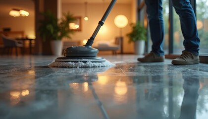 Person polishes shiny marble floor with electric rotary scrubber machine. Professional cleaner works in luxury modern interior space. Worker uses floor care equipment for spotless shine.
