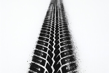 Monochrome image displaying tire tracks left in the snow, creating a striking contrast between the dark prints and the light untouched surface.