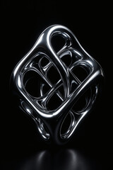 A chrome cube, a testament to minimalist abstract design. The object has a sleek, shiny appearance reflecting light in dark ambiance.