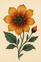 A captivating close-up of a single stem with a full-bloom flower and a bud, showcasing artful detail in rendering. Botanical illustration.