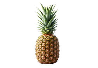 Fototapeta premium A pristine, whole, ripe pineapple with golden-brown textured skin and a lush green spiky crown, standing on a clean transparent studio background. Concept for fruit advertising