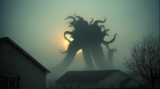 Giant eldritch monster with tentacles emerging from fog over suburban houses at sunset, horror concept footage