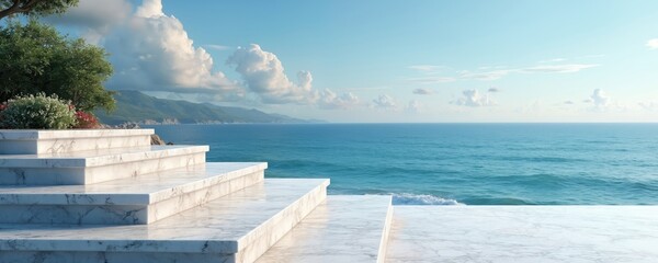 Fototapeta premium Illustration of coastal marble steps leading to horizon. White stone steps are near the ocean. Clear sky and calm sea. Modern architecture, travel and zen.