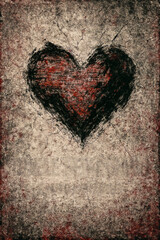 A grunge-style heart, textured with red and black, evokes strong emotions on a distressed, crackled canvas. Love and pain intertwined.