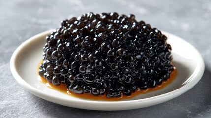 “A close-up photo of black caviar elegantly presented on a clean white plate, highlighting its glossy texture and luxurious appeal.”