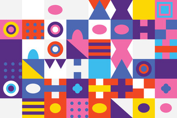 Obraz premium Vibrant abstract mosaic pattern featuring diverse geometric shapes, circles, squares, triangles, and crosses.