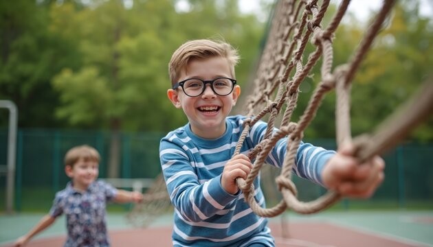 Young boy with glasses happily climbs rope net on outdoor adventure playground. Smiles broadly, enjoying active play in public park. Another kid runs in background. Children develop important - Powered by Adobe