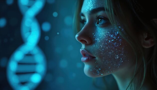 Young woman with glowing particles on face looks toward blurred blue DNA helix. Digital identity, genetic data, future biotech innovation concepts merge. Human connection to advanced tech, biological