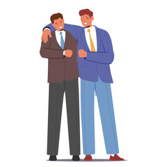 Two satisfied businessmen cartoon characters bumping fists celebrating teamwork and partnership