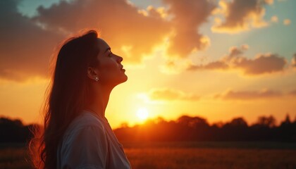 Fototapeta premium Woman gazes up at sunset sky outdoors. Silhouette of a woman in profile. Warm light colors the landscape. Serenity peace reflection contemplation.