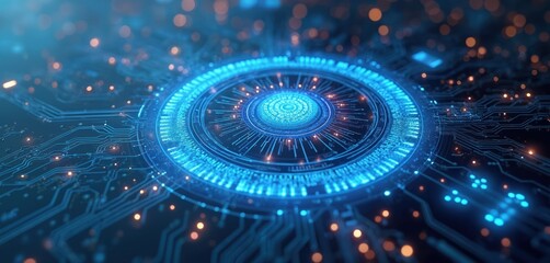 Digital abstract background of glowing blue circuits and nodes. Futuristic network connections and data flow visualization. Technological innovation and complex system structure.